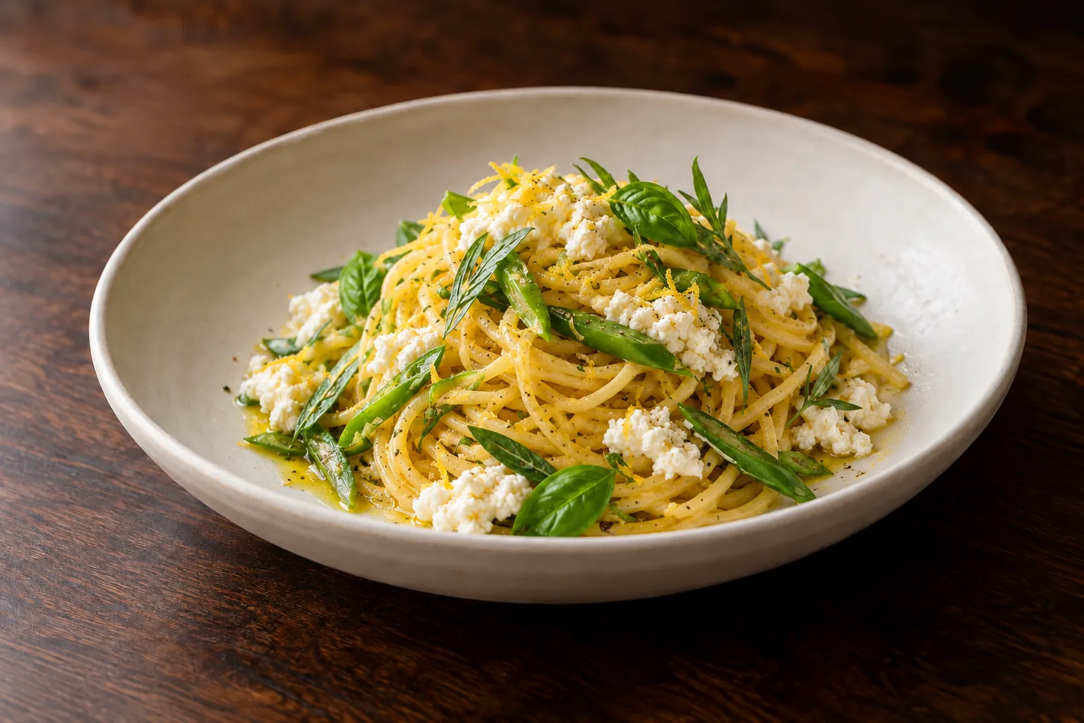 Spaghetti freddi con ricotta e colatura di alici, foto illustrativa del piatto
