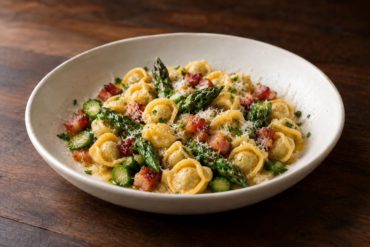 Cappelletti con asparagi e pancetta affumicata, foto illustrativa del piatto