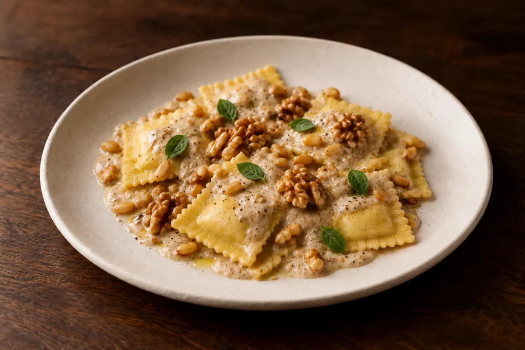 Ravioli ricotta e spinaci con salsa alle noci, foto illustrativa del piatto