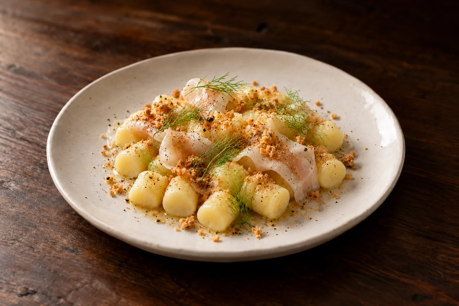 Gnocchi di patate con lardo, finocchietto e amaretti, foto illustrativa del piatto