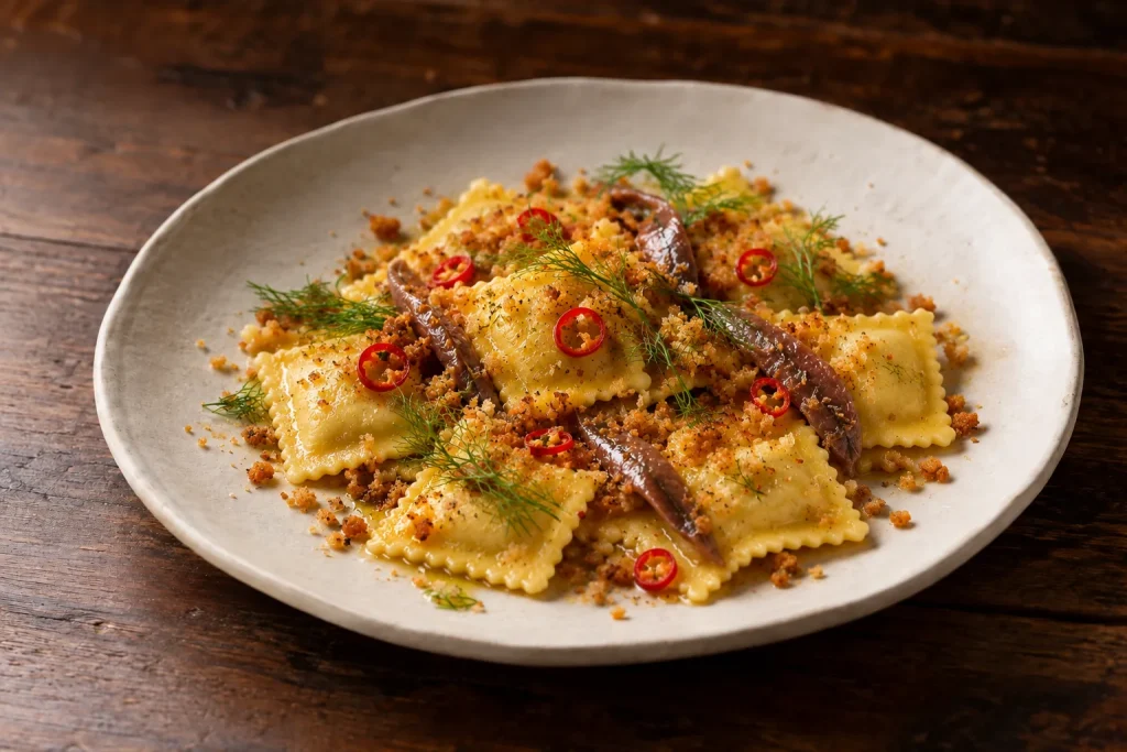 Ravioli con acciughe e briciole croccanti, foto illustrativa del piatto
