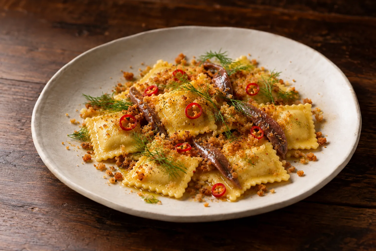 Ravioli con acciughe e briciole croccanti, foto illustrativa del piatto