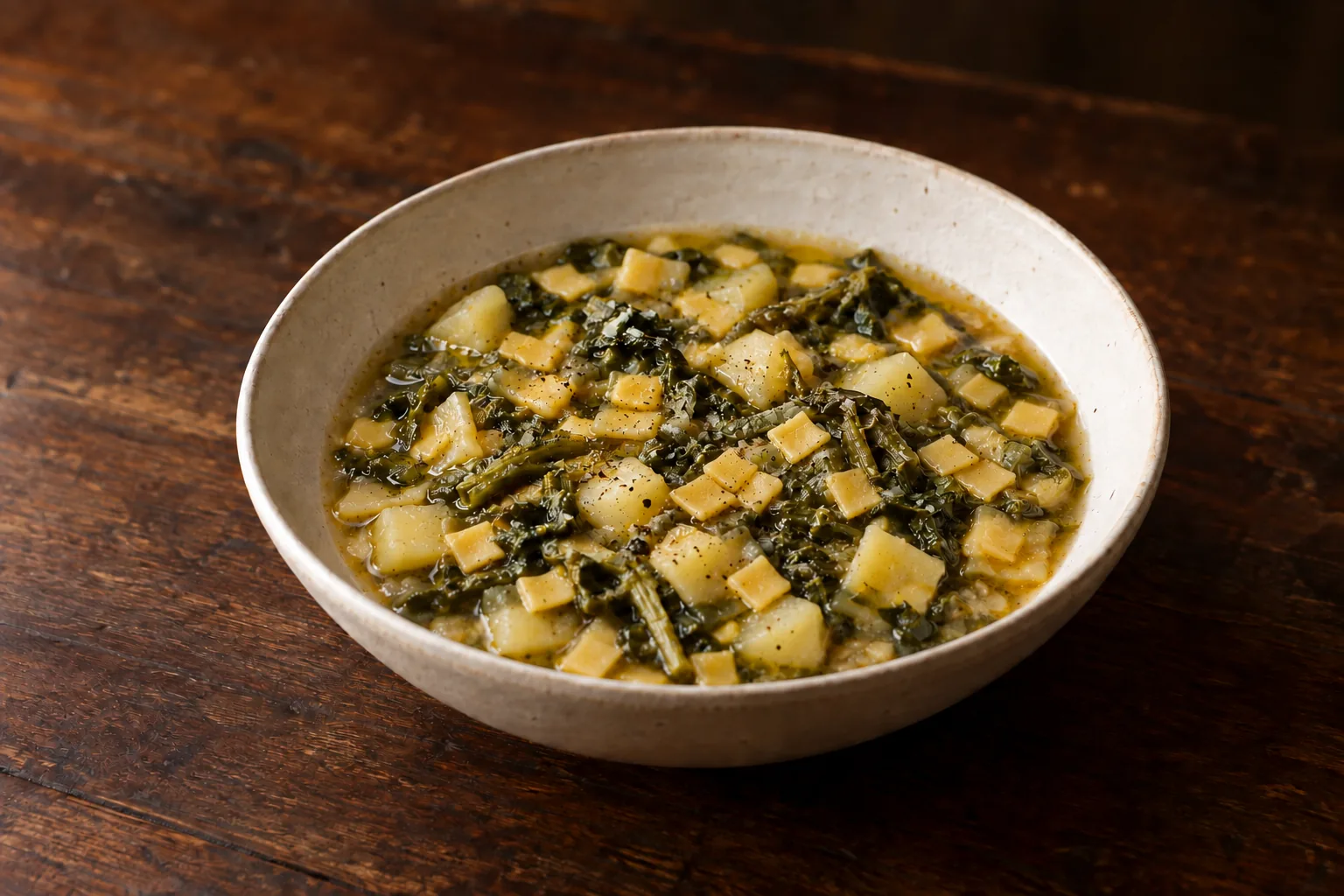 Quadrucci all'uovo, cime di rapa e patate, foto illustrativa del piatto