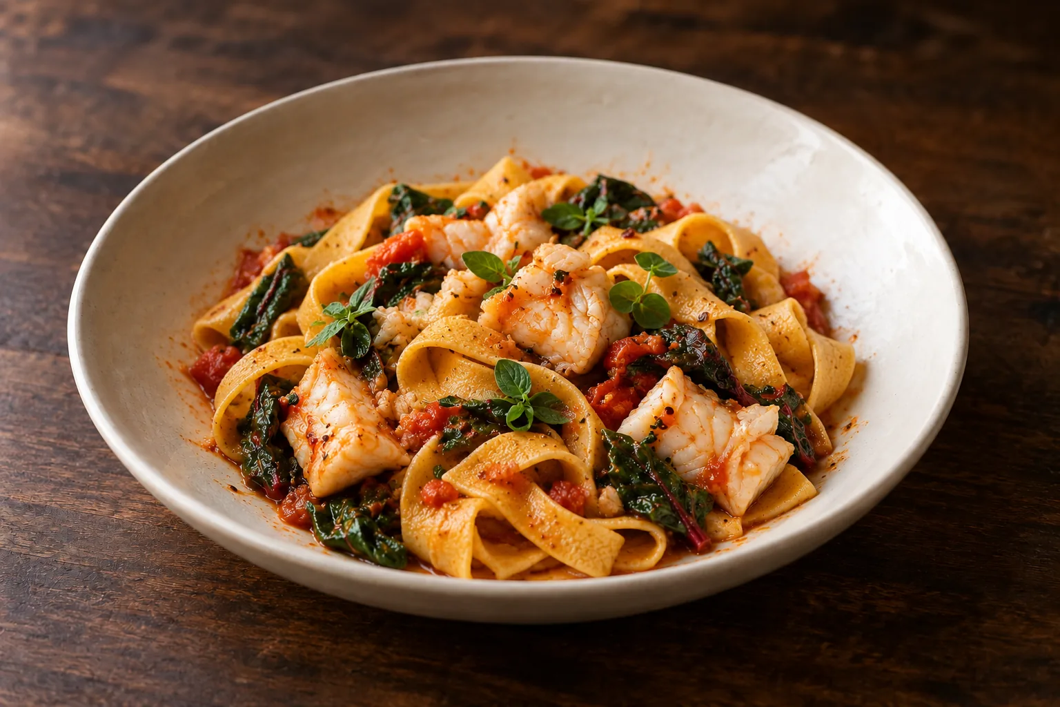 Pappardelle al sugo di erbette e scorfano, foto illustrativa del piatto