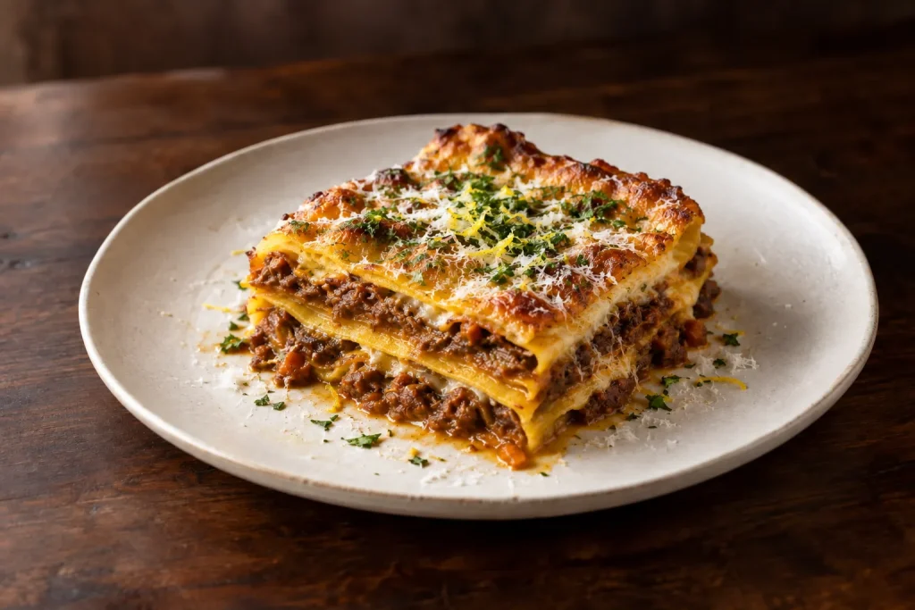Lasagne allo zafferano con ragù di ossobuco, foto illustrativa del piatto