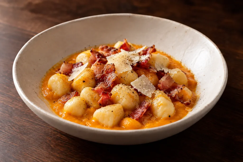 Gnocchi con crema di zucca, pancetta croccante e Parmigiano Reggiano DOP 30 mesi, foto illustrativa del piatto