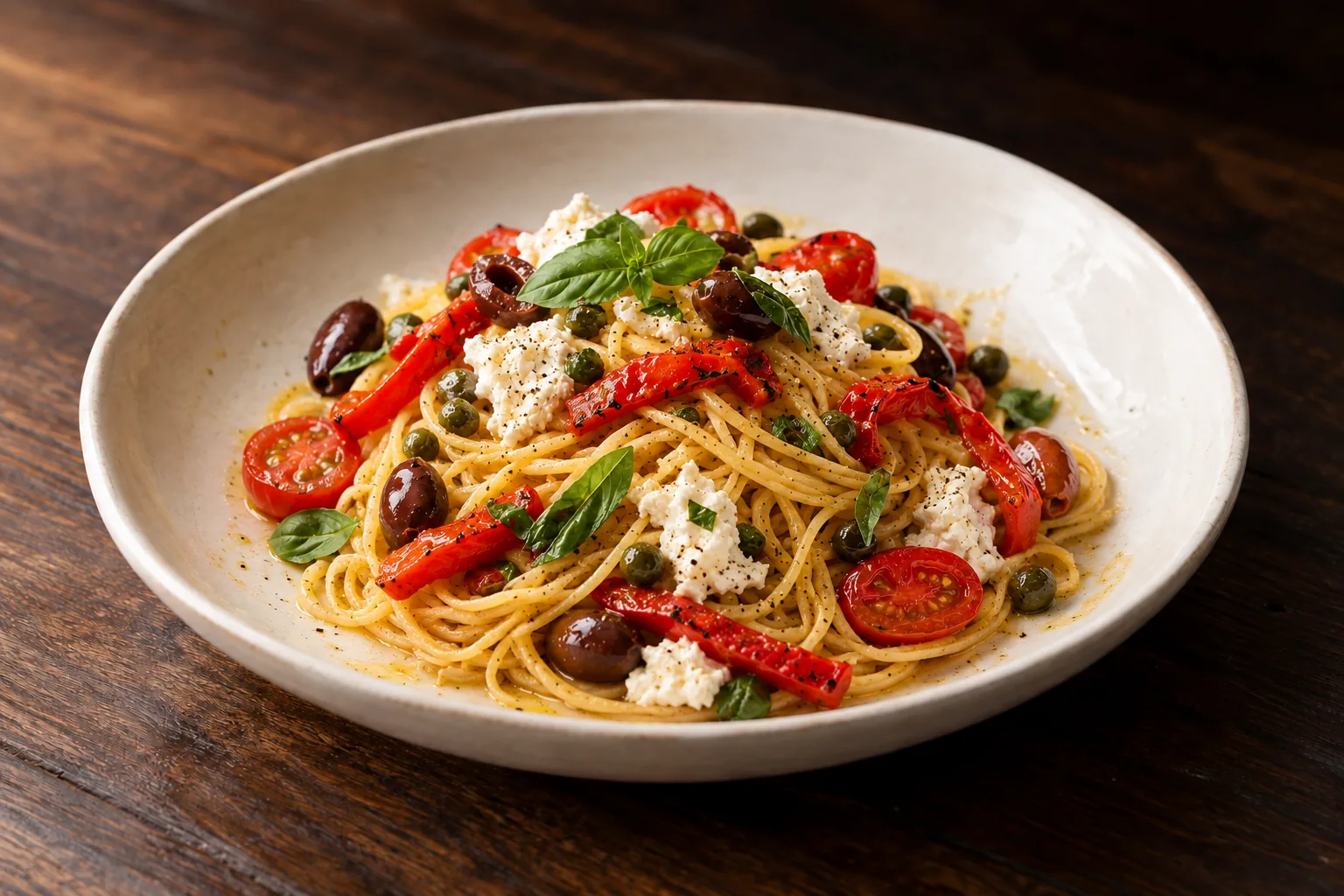 Spaghetti con ricotta, peperoni e olive, foto illustrativa del piatto