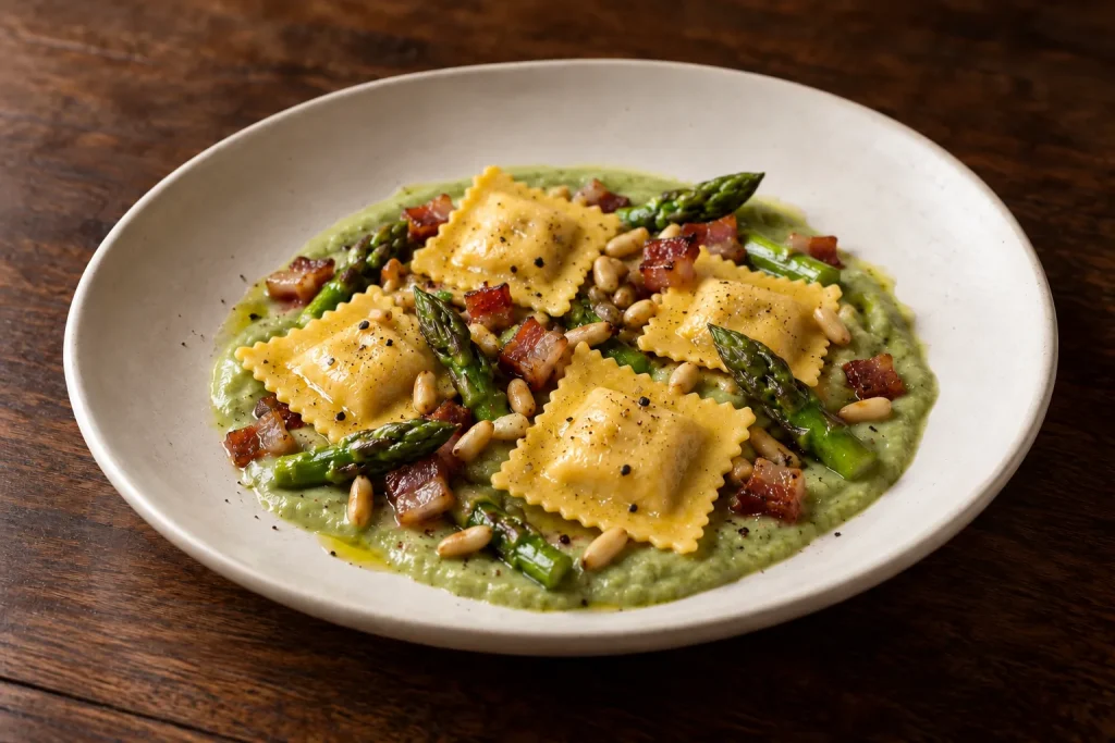 Ravioli con crema di asparagi, speck croccante e pinoli tostati, foto illustrativa del piatto