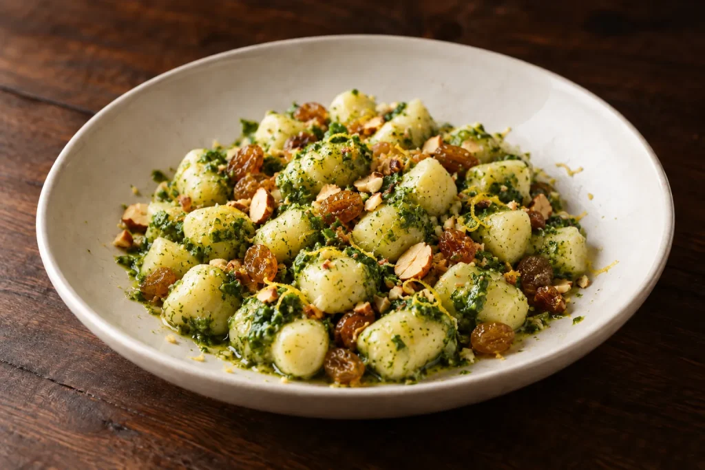 Gnocchi alle mandorle con pesto di rucola, foto illustrativa del piatto