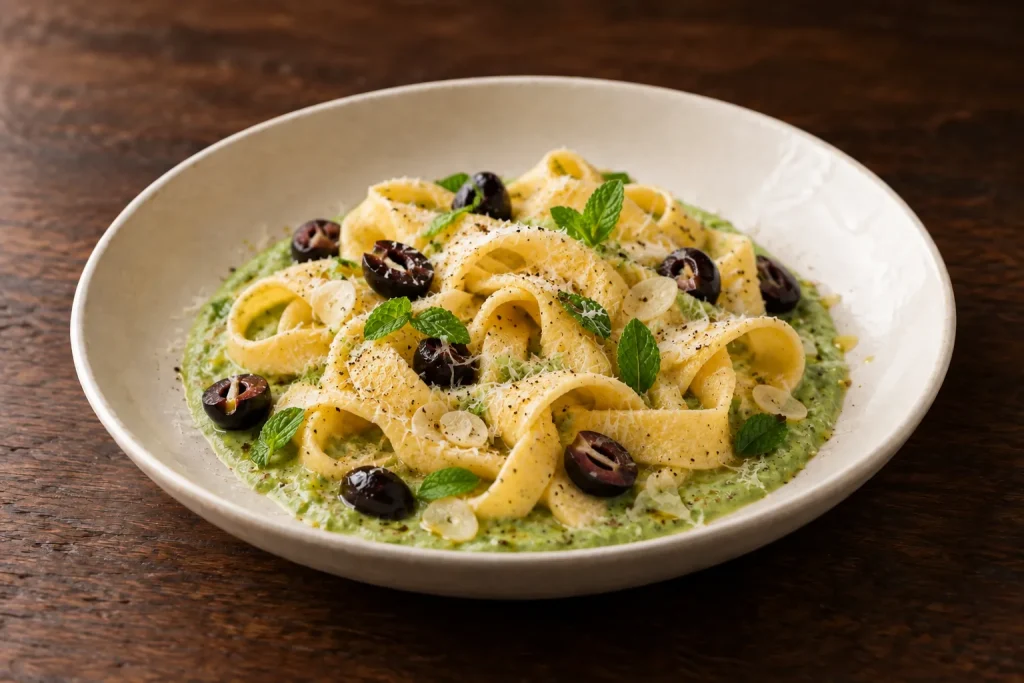 Pappardelle in crema di taccole e aglietti, foto illustrativa del piatto