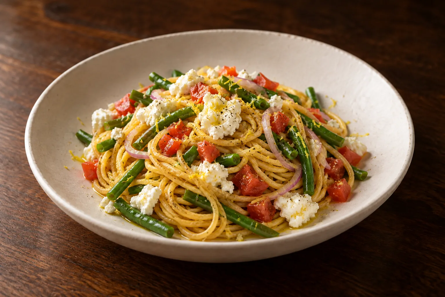 Spaghetti ricotta, fagiolini e pomodori freschi, foto illustrativa del piatto